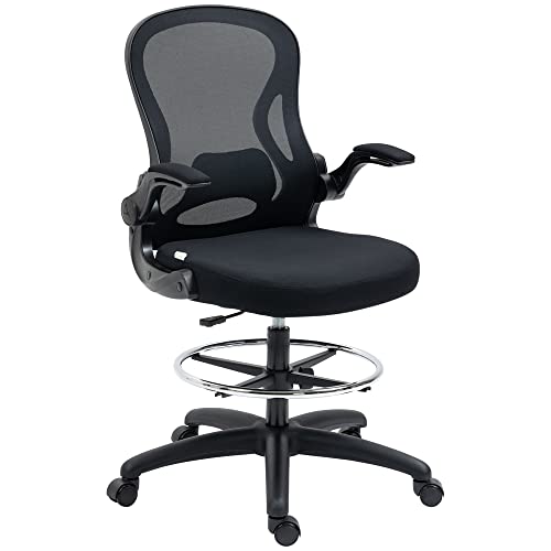 Vinsetto Bürostuhl, Ergonomischer Zeichenstuhl mit verstellbarem Fußring, Drehstuhl, 102-122 cm Höhenverstellbarer Arbeitsstuhl mit Rollen und Lendenwirbelstütze, Schwarz