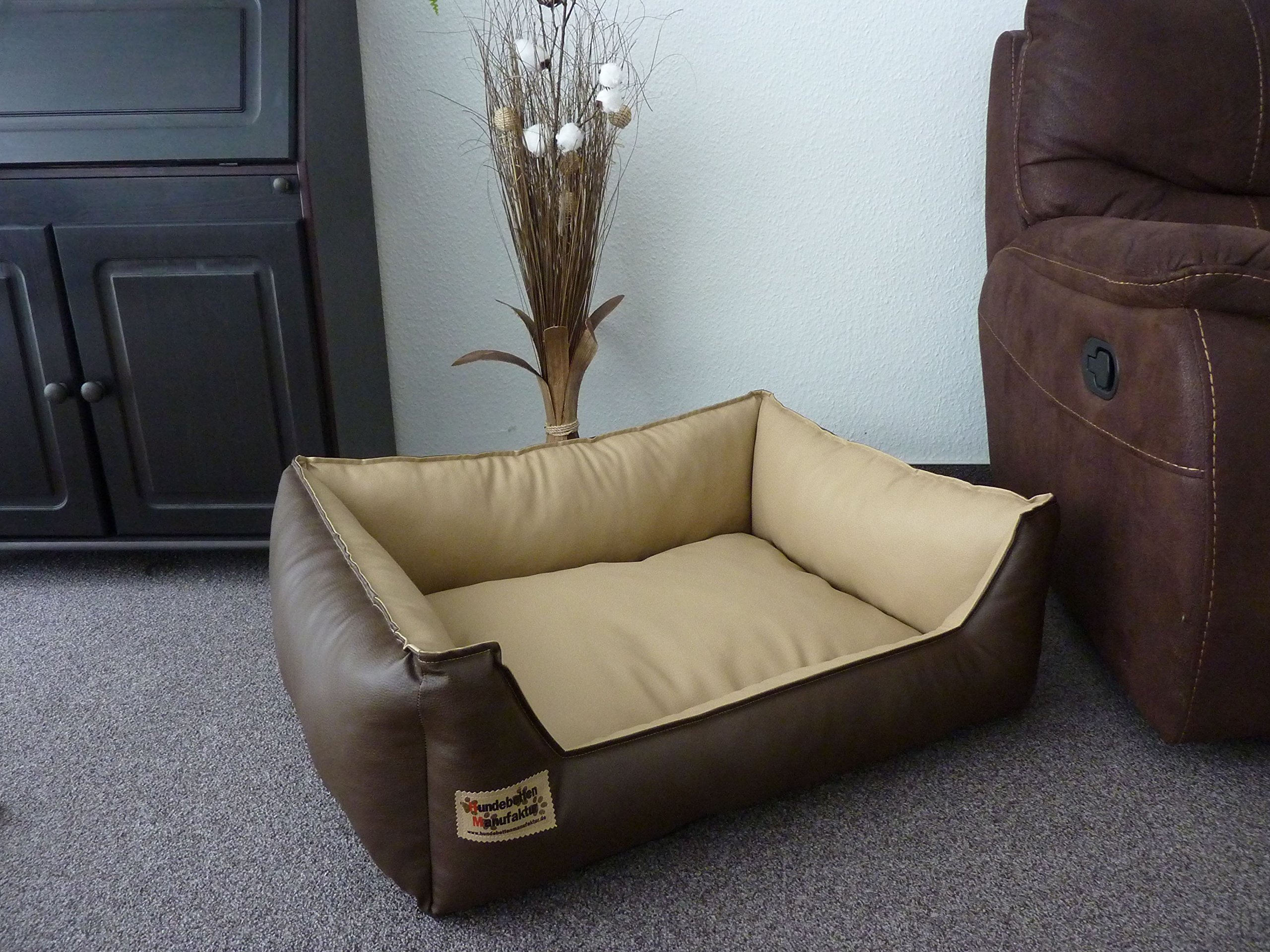 Hundebett Hundesofa Schlafplatz Kunstleder Similpelle Farbe und Größe wählbar von XS bis XXL (90 cm X 70 cm, braun beige)