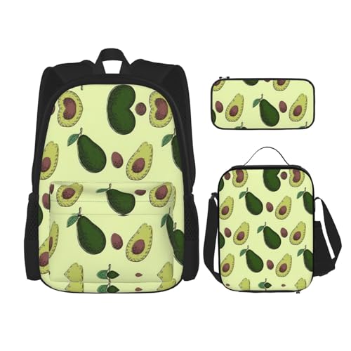 WURTON Schulrucksack-Set mit Avocado-Fruchtdruck, 3-in-1-Büchertaschen-Set mit Lunchbox, Federmäppchen, Reise-Laptop-Tagesrucksäcke