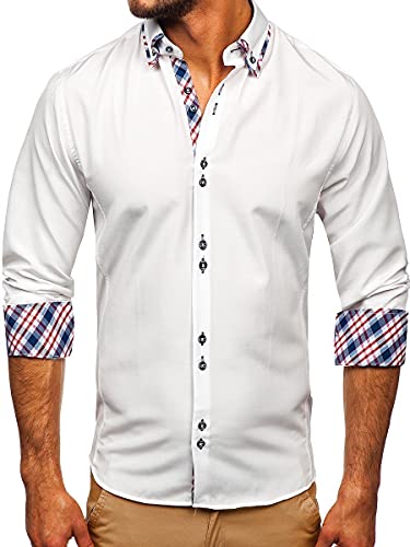 BOLF Herren Hemd Langarm Freizeithemd Langarmhemd Elegant Business Party Bügelleicht Farbwahl Classic Basic Slim Fit Casual Style 4704 Weiß XL [2B2]