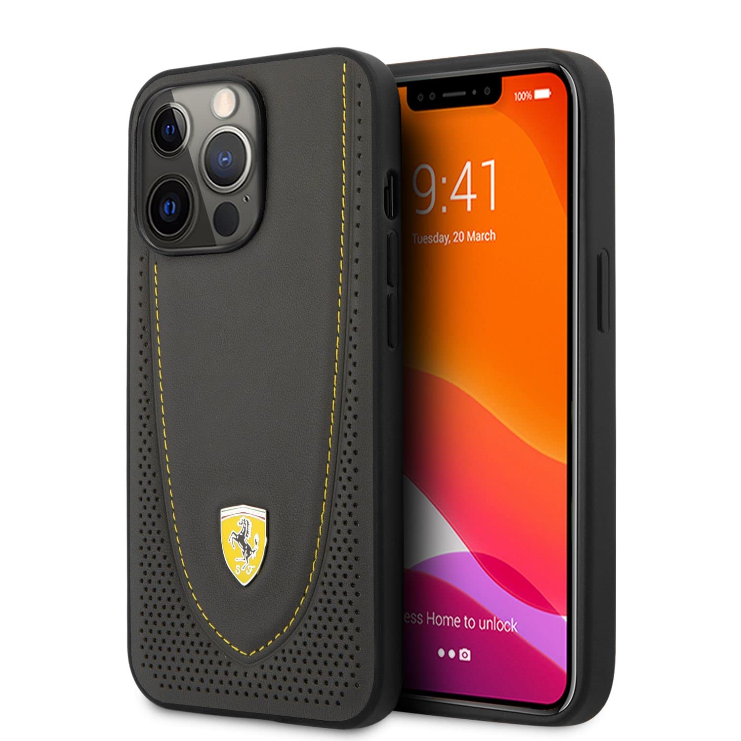 Ferrari Schutzhülle für iPhone 13 Pro in Grau mit gelber perforierter Kurve, Echtleder-Schutzhülle mit einfachem Snap-on, Stoßdämpfung & Signature Logo