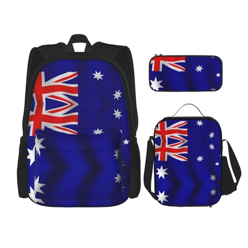 WURTON Schulrucksack-Set mit australischer Flagge, 3-in-1-Büchertaschen-Set mit Lunchbox, Federmäppchen, Reise-Laptop-Tagesrucksäcke