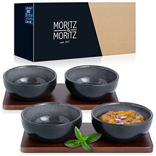 Moritz & Moritz VIDA 6tlg Dip Schalen Set mit Brett – 10cm Ø - 4 Dipschalen Schwarz Grau-Blau aus Porzellan - Für Snacks, Dessert, Dips und Saucen