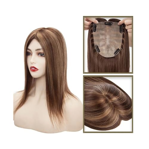 Haartopper für Frauen Echthaar-Topper for Frauen, 15 x 15 cm, großflächige Abdeckung, 30,5–40,6 cm, glattes Haar, Seidenbasis, Clip-in, indischer Haar-Topper, Haarteil for Haarausfall, dünner werdende