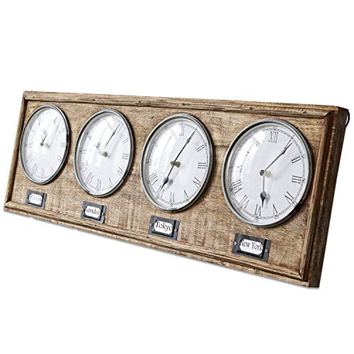 Loberon Uhr Posey, Vier individuell einstellbare Uhren, antik-veredelt, Dekoelement, Weihnachten, Geschenkidee, Mangoholz, Glas, braun