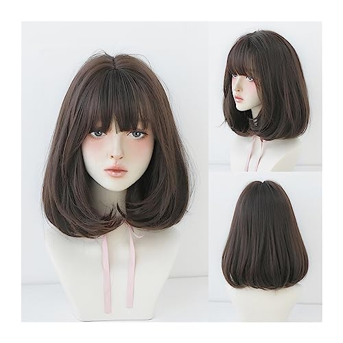 Perücke für Frauen Perücke, schwarz, natürlich, kurze Perücken, gerade Perücken mit Pony, braun, rosa, synthetisches Haar for Frauen, tägliches Cosplay, hitzebeständige Perücke Human Hair Wig(14inch 3