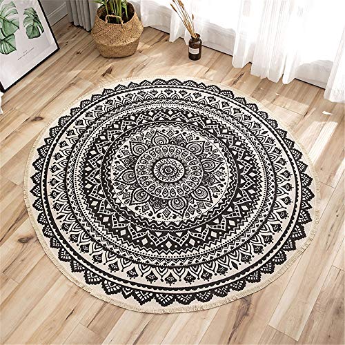 Nicole Knupfer Mandala Runde Teppich Quasten Handwebteppich Böhmische Baumwollteppich Boho-Stil,Durchmesser 92cm (F)