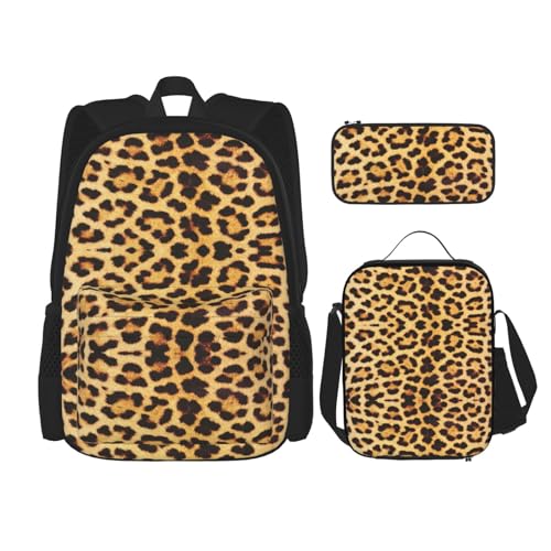 WURTON Schulrucksack-Set mit Leopardenmuster, 3-in-1, Büchertasche, Set mit Lunchbox, Federmäppchen, Reise, Laptop, Tagesrucksack