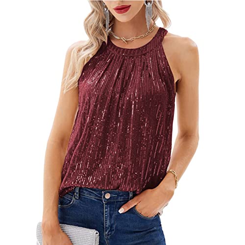 WINDEHAO Damen Pailletten Neckholder Tops Sexy Ärmellos Glitzer Club Party Camisole Glitzer Disco Sparkle Cami Top Blusen Sommer Tops (Weinrot, M)