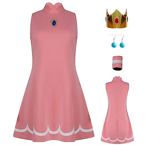 AYYOHON Prinzessin Pfirsich Cosplay Kostüm Damen Prinzessin Gänseblümchen Rosalina Tenniskleid mit Krone Ohrringe Erwachsene Halloween Anzug M