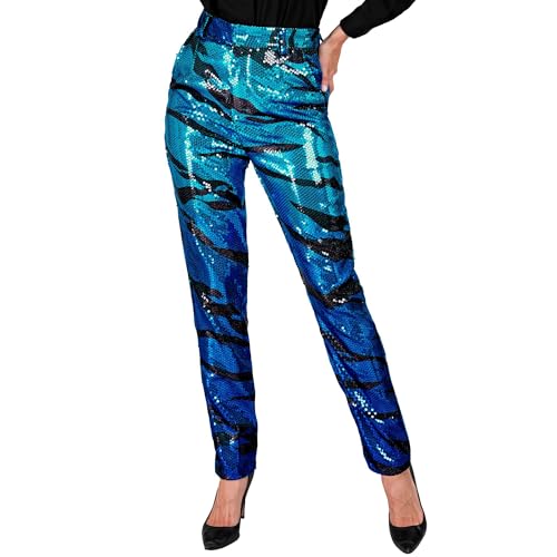 Widmann - Party Fashion Paillettenhose für Damen, Blau, Disco Fever, Schlagermove, Damenhose