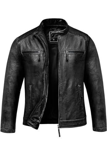 Amaci&Sons Herren Echtleder Jacke Biker Zipper Lederjacke 9108 Schwarz S