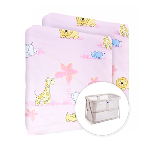 Baby Comfort Spannbetttuch für Kinderzimmer, 100 % Baumwolle, passend für 95 x 65 cm Reisebett, Zoo Pink, 2 Stück