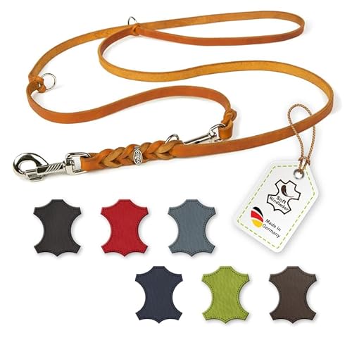 CopcoPet – Fettlederleine für Hunde – 3-Fach verstellbare Hundeleine aus weichem Leder mit Karabinern & Beschlägen aus Chrom – geflochtene Führleine 100% Handmade in Germany (2,0m x 10mm | Cognac)