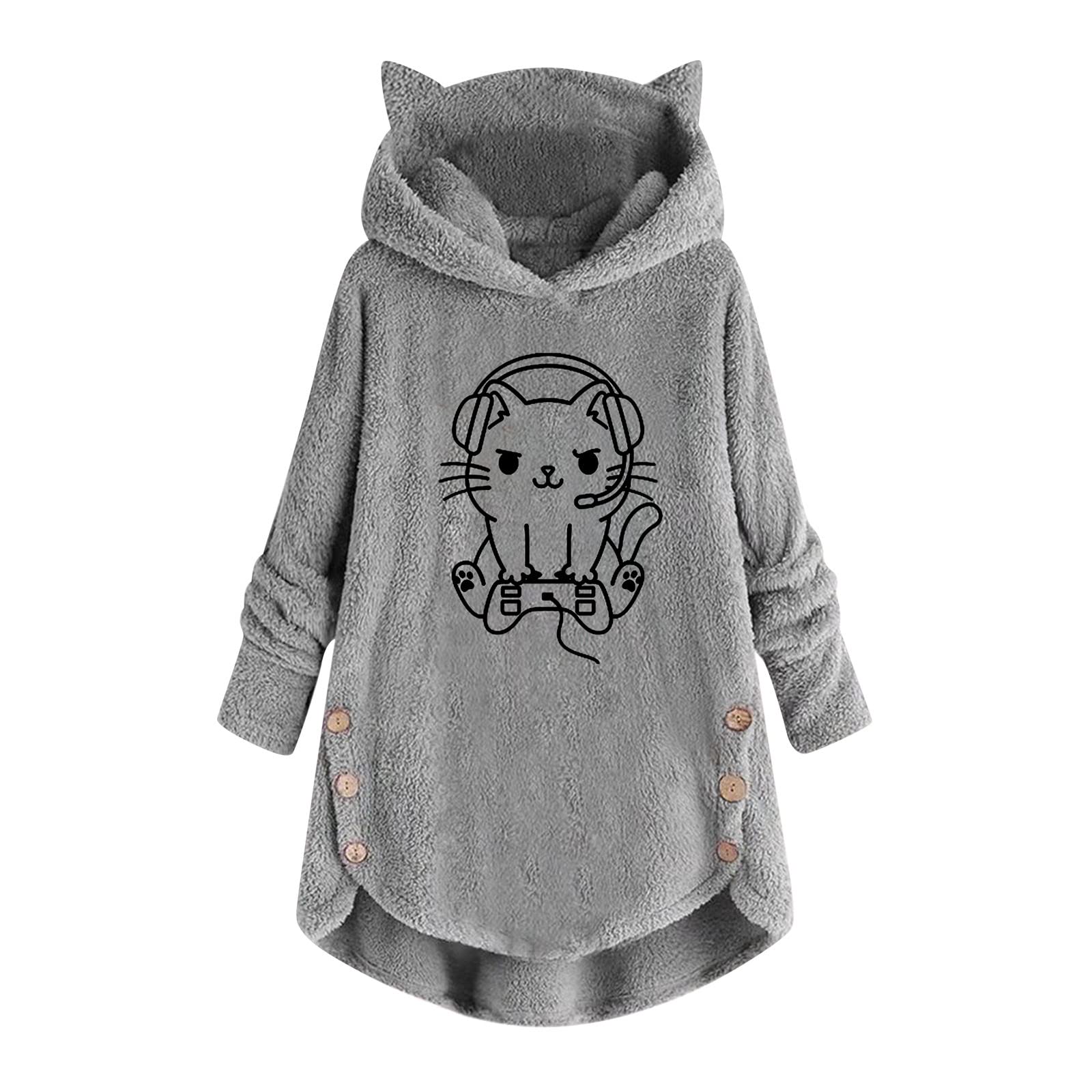 Wintermantel Damen Warm Plüsch Mantel Mädchen Plüschjacke Katze Aufdruck Fleece Hoodie Pullover mit Katzenohren Kapuze Winter Warmer Langarm Winterjacke Oversized Kapuzenpullover Winterpulli