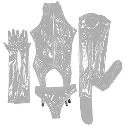 Ganze Latex-Outfits Gummi-Körperanzüge, Handschuhe, Strumpfhose, dickes Korsett & Slip & lange Fingerhandschuhe, Silber, XL