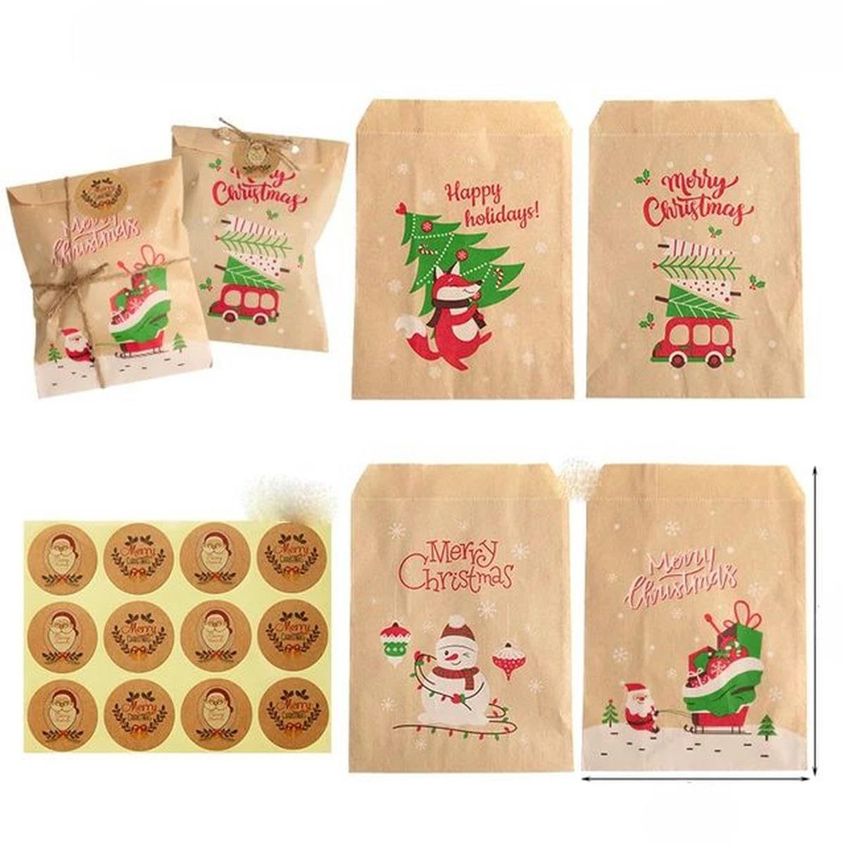 24 Sets Weihnachts-Kraftpapiertüten, Weihnachtsmann, Schneemann, Fuchs, Süßigkeiten, Kekse, Urlaub, Weihnachten, Party, Geschenktüte, Verpackungszubehör – 24 Sets, Muster 1