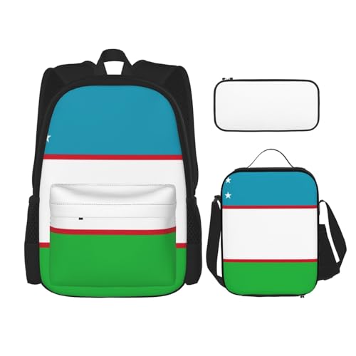 WURTON Flagge der Republik Usbekistan, trendiger Rucksack, Tasche, Lunchbox und Federmäppchen, 3-in-1, verstellbares Rucksack-Set, Schwarz, Einheitsgröße, Schwarz , Einheitsgröße