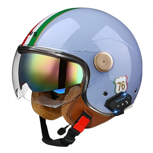 3/4-Bluetooth-Helm mit offenem Gesicht, Vintage-Motorrad-Halbhelm, ECE-zugelassenes Moped mit Doppelvisier, Motorradhelm für Männer, Erwachsene, Frauen V,XL61-62CM