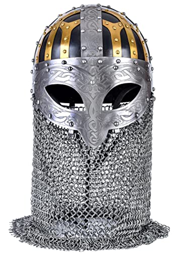 Battle-Merchant Wikinger Brillenhelm mit Kettenbrünne | Mittelalter Spangenhelm mit verstellbarem Lederinlay und Kinnriemen Brünne Wikingerhelm aus Stahl für Erwachsene echt Metall