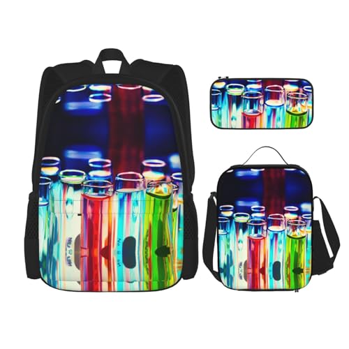 WURTON Rucksack mit Chemie-Reagenzglasdruck, Schulbüchertasche mit Lunchtasche, Federmäppchen, Kombination, Schulranzen-Set, Schwarz , Einheitsgröße