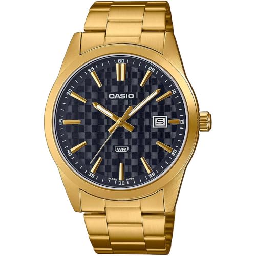 Casio MTP-VD03G-1A Herren-Armbanduhr, Standard-Goldton, Stahl, schwarzes Zifferblatt, 3-Zeiger-Armbanduhr, Gold