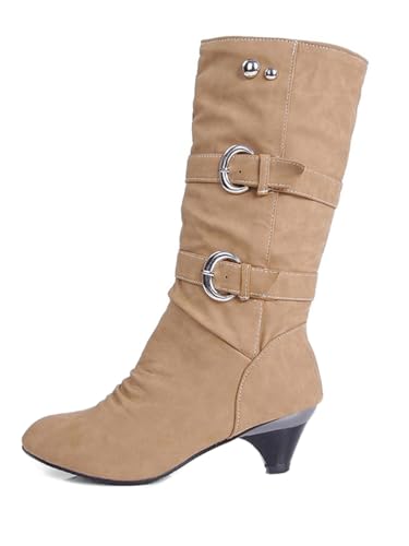 ShallGood Damen Elegant Stiefel Winterstiefel Mittlerer Absatz mit Schnalle Blockabsatz Schuhe Schenkelhoch Outdoor Stiefel Z1 Khaki 40 EU