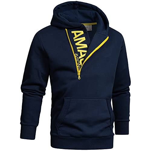 Amaci&Sons Herren Zipper Kapuzenpullover Sweatjacke Pullover Hoodie Sweatshirt 4026 Navyblau/Gelb S