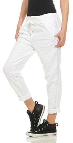 Damen Hose Freizeithose Jogginghose Sportswear Style Stoffhose Baumwollhose Sweatpants Boyfriend mit Seitlichen Glitzerstreifen One Size S M L XL 36 38 40 42, Weiß, One Size (Gr. 36, 38, 40, 42 )