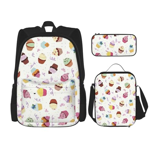 WURTON 3-in-1-Büchertaschen-Set mit leckeren Cupcakes Druck Rucksack Mädchen Jungen Schultaschen Teenager Lunchbox und Federmäppchen