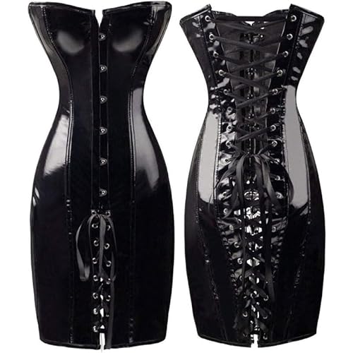 MAUXpIAO Nachtwäsche Damen Gothic Sexy Glänzend Langes Leder Wetlook Schulterfreies, Figurbetontes Kleid PVC Latex Korsett Kleid Party Nachtclub Vestidos translucent/B/L