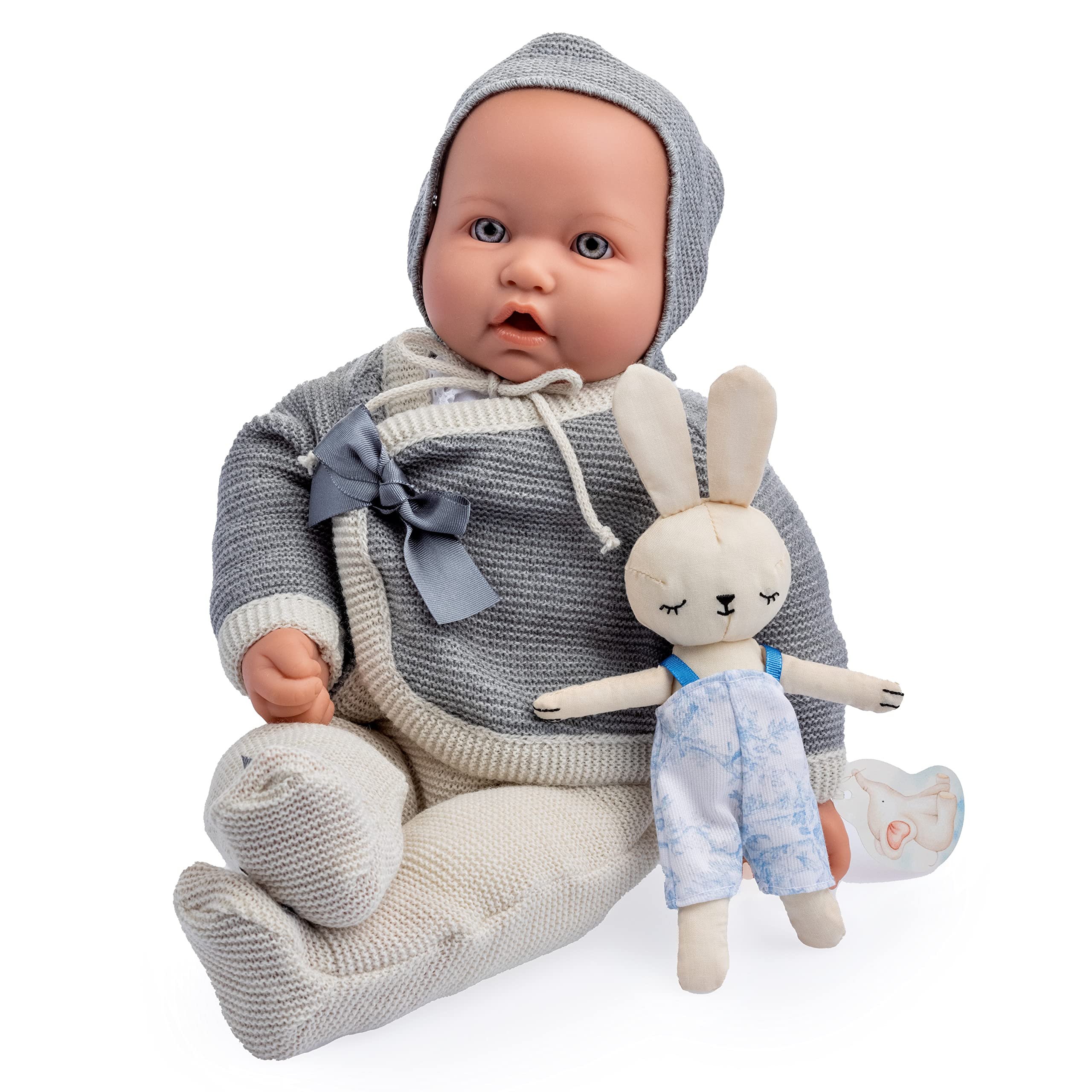 JC TOYS La Baby Vintage Puppe, Original-Kollektion, 43 cm, Körper aus weichem Stoff, Strickkleidung, Schnuller und Plüsch, geschlossene Augen, beige und grau, Kind, entworfen in Spanien von Berenguer,