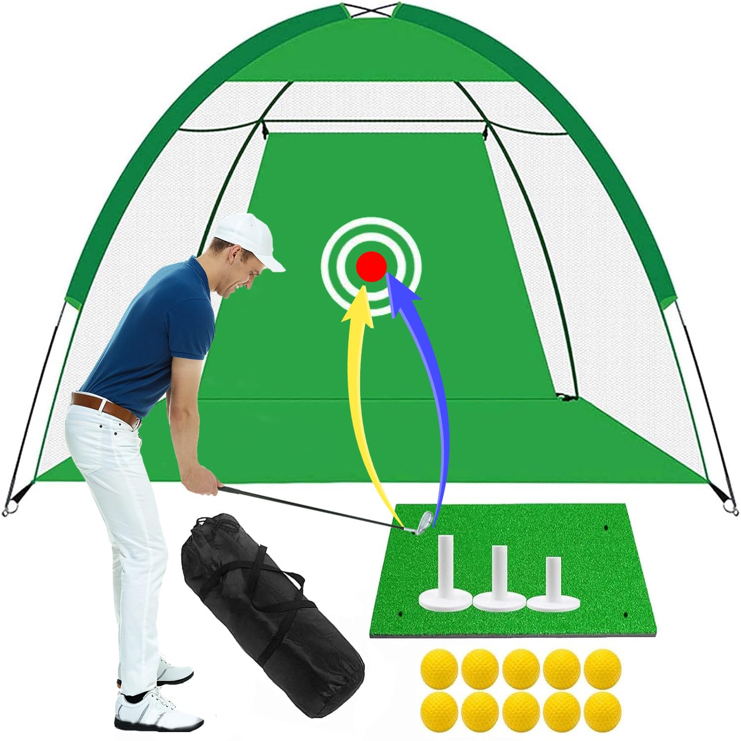 Golf Übungsnetz 3 m Chipping Netz Set Indoor Outdoor mit Golfmatte 10 Golf Übungsbälle 3 Tees Gummi, Training Golfnetz Driving Schlagnetz Faltbarer, Groß Hitting Practice Net