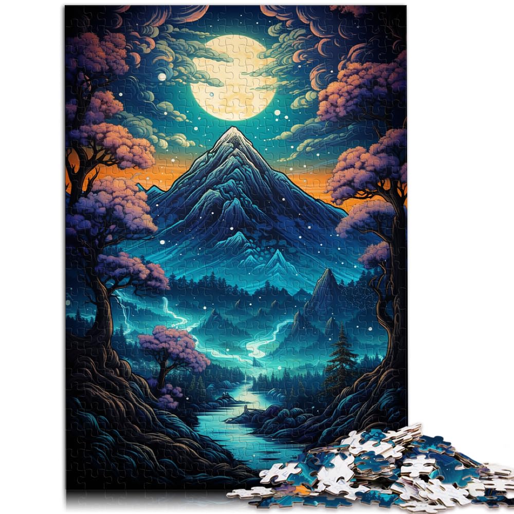 Puzzle | Puzzles EIN Gemälde eines Berges hinter Bäumen in der Nacht. Puzzle | Puzzle 1000 Teile für Erwachsene. Holzpuzzle. Tolles Geschenk für 1000 Teile (50 x 75 cm).