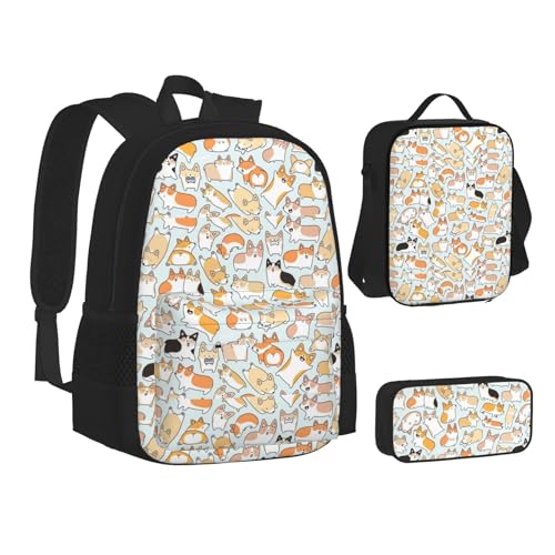 WURTON Büchertasche mit Hunde-Aufdruck, Federmäppchen, 3-in-1, Schulrucksack-Set, Kinderrucksack