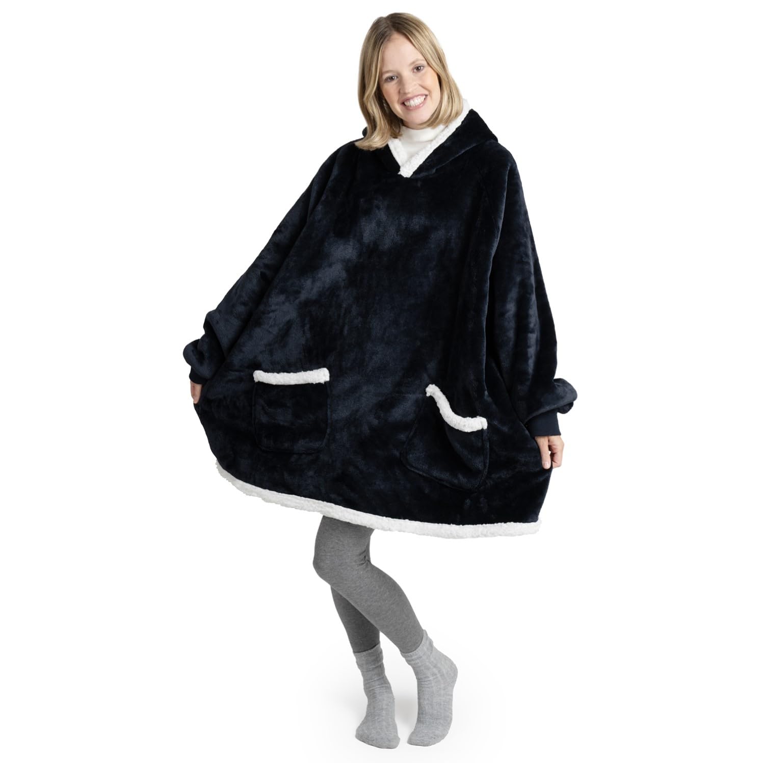 Blumtal Sherpa Hoodie Decke Damen mit Ärmeln und Kapuze - Oeko-TEX zertifizierter Kuschelpullover Damen - Decke zum Anziehen - Decken Hoodie - Kuschelpullover gefüttert - Dark Ocean Blue - Dunkelblau