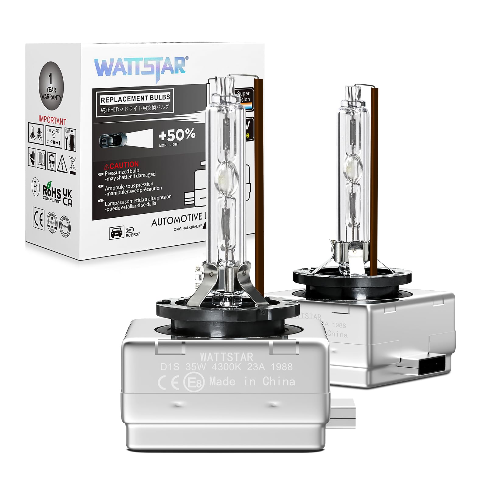 Wattstar D1S 4300K Glühlampe, Xenon-Scheinwerfer, 35 W HID, Scheinwerfer ersetzen, wasserdichtes IP68-Restaurierungskit (2er-Pack) ……