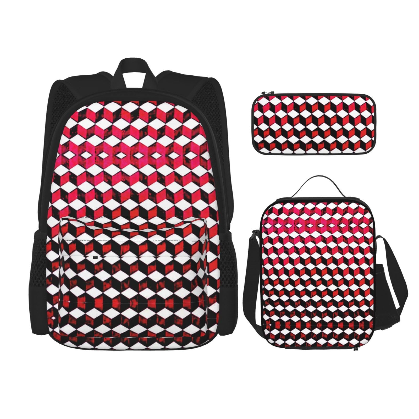 WURTON 3-in-1 Büchertaschen-Set, verstellbarer Schulter-Rucksack, Lunch-Tasche, Federmäppchen, 3D-Motiv, Rot kariert, Schwarz, Einheitsgröße