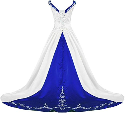 Zorayi Damen V-Ausschnitt Kapelle-Schleppe Perlen Stickerei Satin Hochzeitskleid Brautkleider Elfenbein & Blau Größe 44