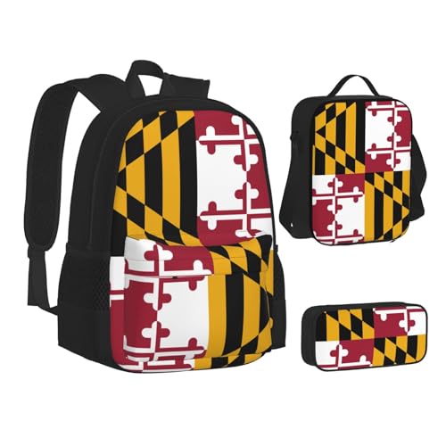 WURTON Maryland State Flag Print Rucksack Lunchbox-Set, 3-in-1 Rucksack und Federmäppchen, passende Kombination, Schwarz, Einheitsgröße