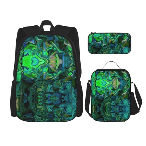 WURTON Schulrucksack-Set mit Abalone-Perlmutt-Aufdruck, 3-in-1 Büchertasche-Set mit Lunchbox, Federmäppchen, Reise, Laptop, Tagesrucksack