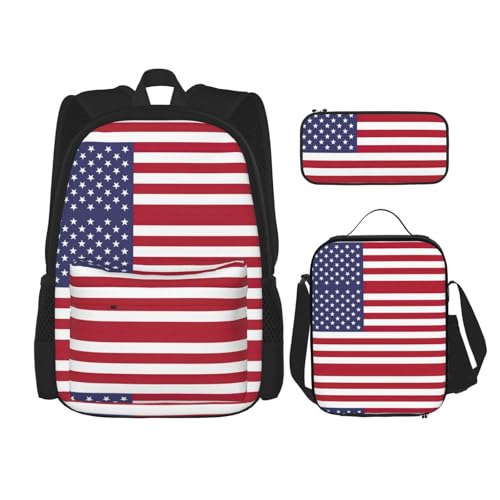 WURTON Lunchbox mit amerikanischer Flagge, Federmäppchen, Rucksack-Set, 3-teilig, verstellbare Riemen, langlebig, leicht, Schwarz, One Size