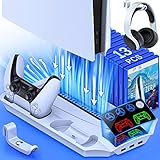 DinoFire PS5 Ständer mit PS5 Lüfter, PS5 Standfuß für PS5 Disc/Digital Edition, 13 Spiele Lagerung/PS5 Controller Ladestation/PS5 Fernbedienung Solt/3 USB Hub, PS5 Zubehör für Playstation 5 Konsole