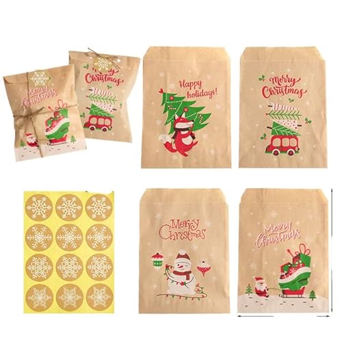 24 Sets Weihnachts-Kraftpapier-Geschenktüten Party Favor Treat Packing Set Cookies Pouch with Xmas Stickers Red Fox Snowman-24 Sets Pattern2,13x18cm,other