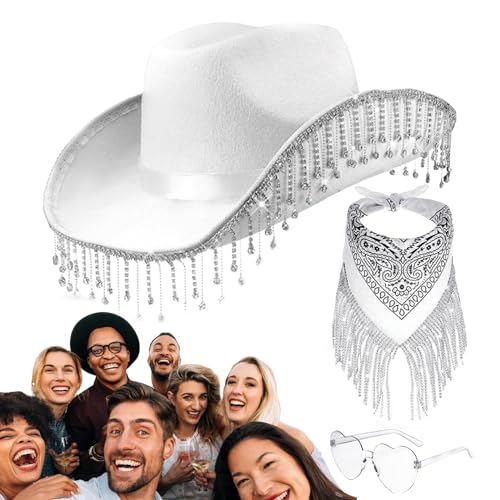 QARIDO Cowgirl-Hut- und Schal-Sets, Cowgirl-Hut für Party, 3-teiliges Cowboyhut-Set mit Strass-Quasten, Herz-Brillen-Set für Halloween, Maskerade, Abschlussfeier, Cosplay-Zubehör