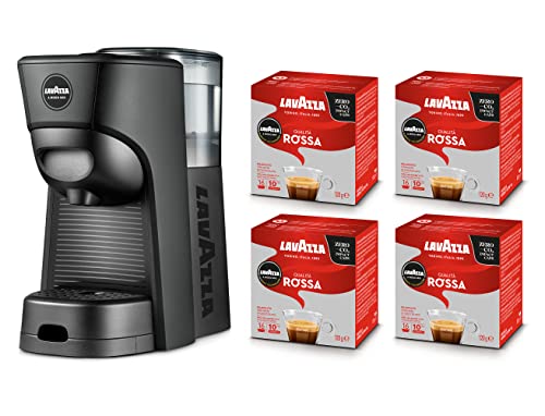 Lavazza, A Modo Mio Kaffeemaschine Tiny Eco Schwarz mit 64 Kapseln in roter Qualität im Lieferumfang enthalten, Espressomaschine aus recyceltem Kunststoff, 1450 W, 220-240 V, 50/60 Hz, 0,6 Liter