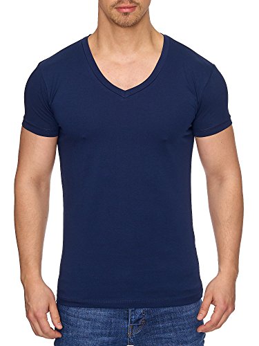 Reslad T-Shirt Herren mit V-Auschnitt Basic Shirt Herren Slim Fit Männer T-Shirts Kurzarm Baumwolle V-Neck 17100 Navyblau XL