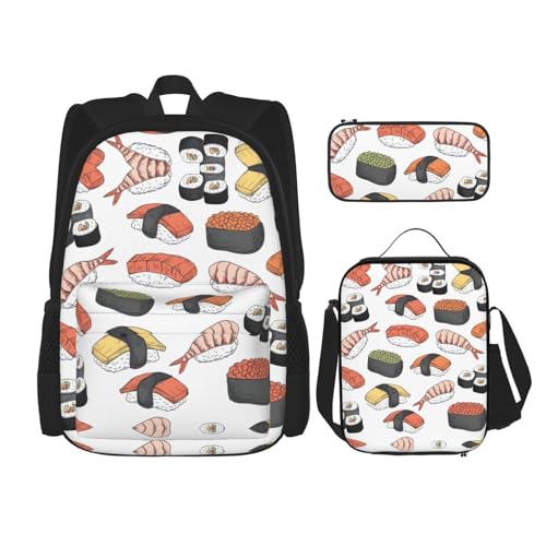 WURTON Sushi Print Reise Lunchbox Federmäppchen Rucksack Set 3 Stück Verstellbare Träger Leicht, Schwarz, Einheitsgröße