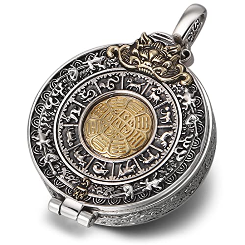 VOYADE Herren Sterling Silber Buddhistischer Vajra Anhänger, S925 Vintage Thai Silber Pixiu Vajra Zwölf Sternzeichen Gawu Box Anhänger,Silber,pendant+chain 60CM