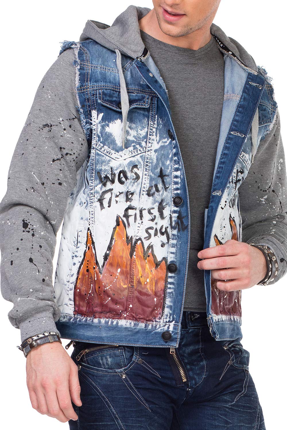 Cipo & Baxx Jeans Jacke Denim Übergangsjacke Biker Jacke Sweatjacke Print Jacket Kapuzenjacke Blau Gr.S